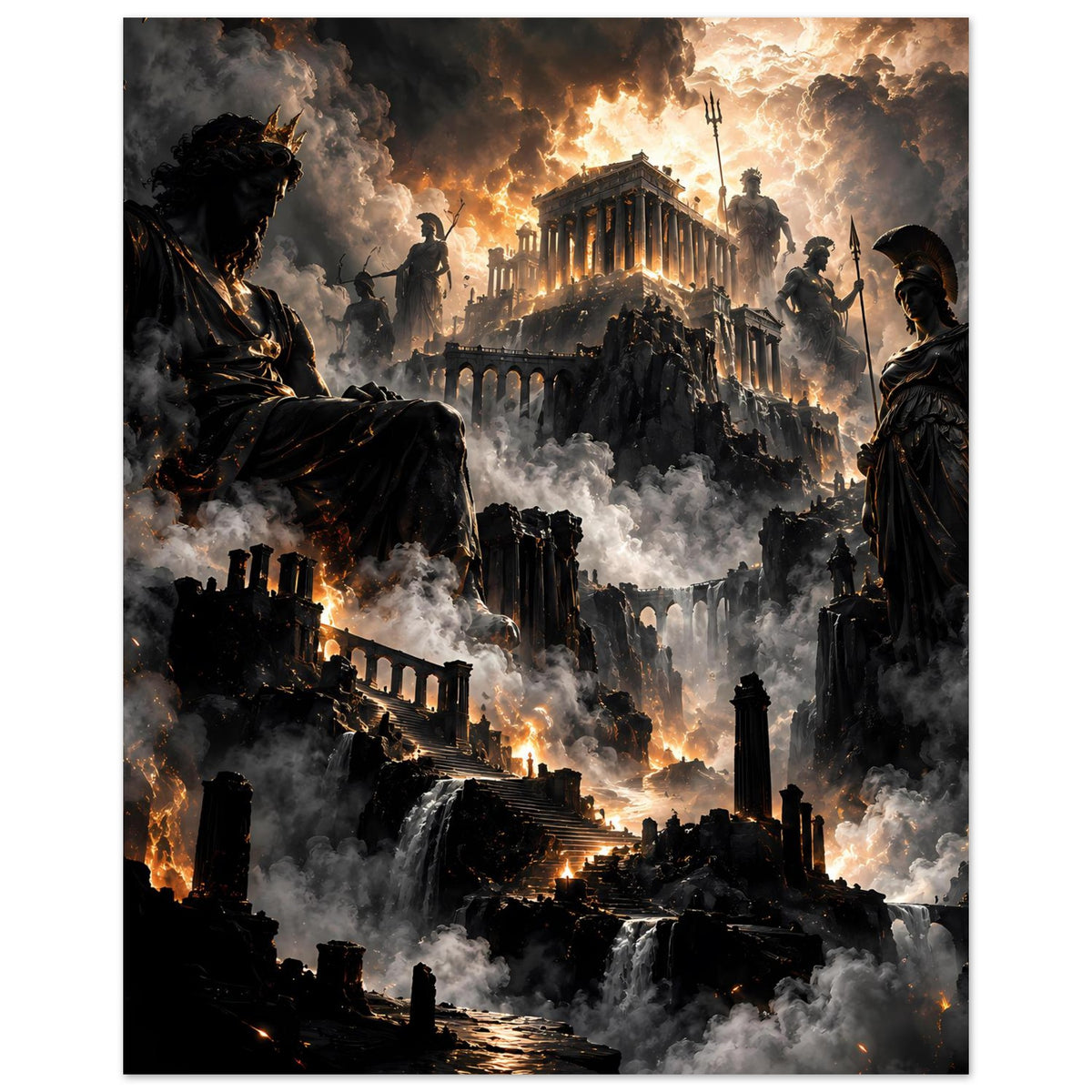 Fantasy-Poster im Hochformat: imposante Tempelruinen, Figuren ringsum, Feuerlicht im Rauch
