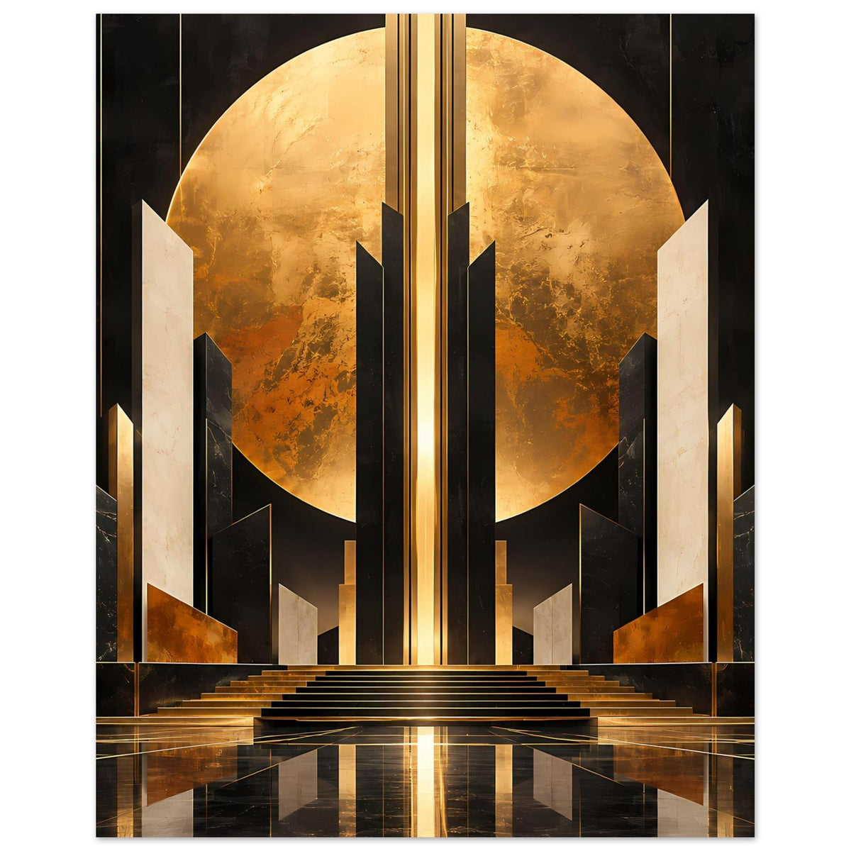 Art-Deco-Poster im Hochformat: goldener Halbkreis, dunkle Säulen und Treppenfront