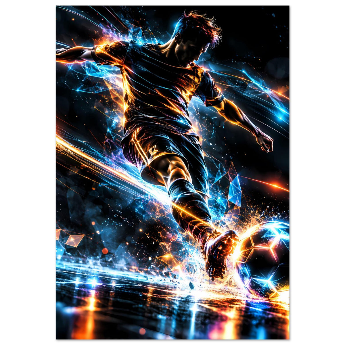 Fußball-Actionposter mit springendem Spieler, Neonenergie in Blau-Orange