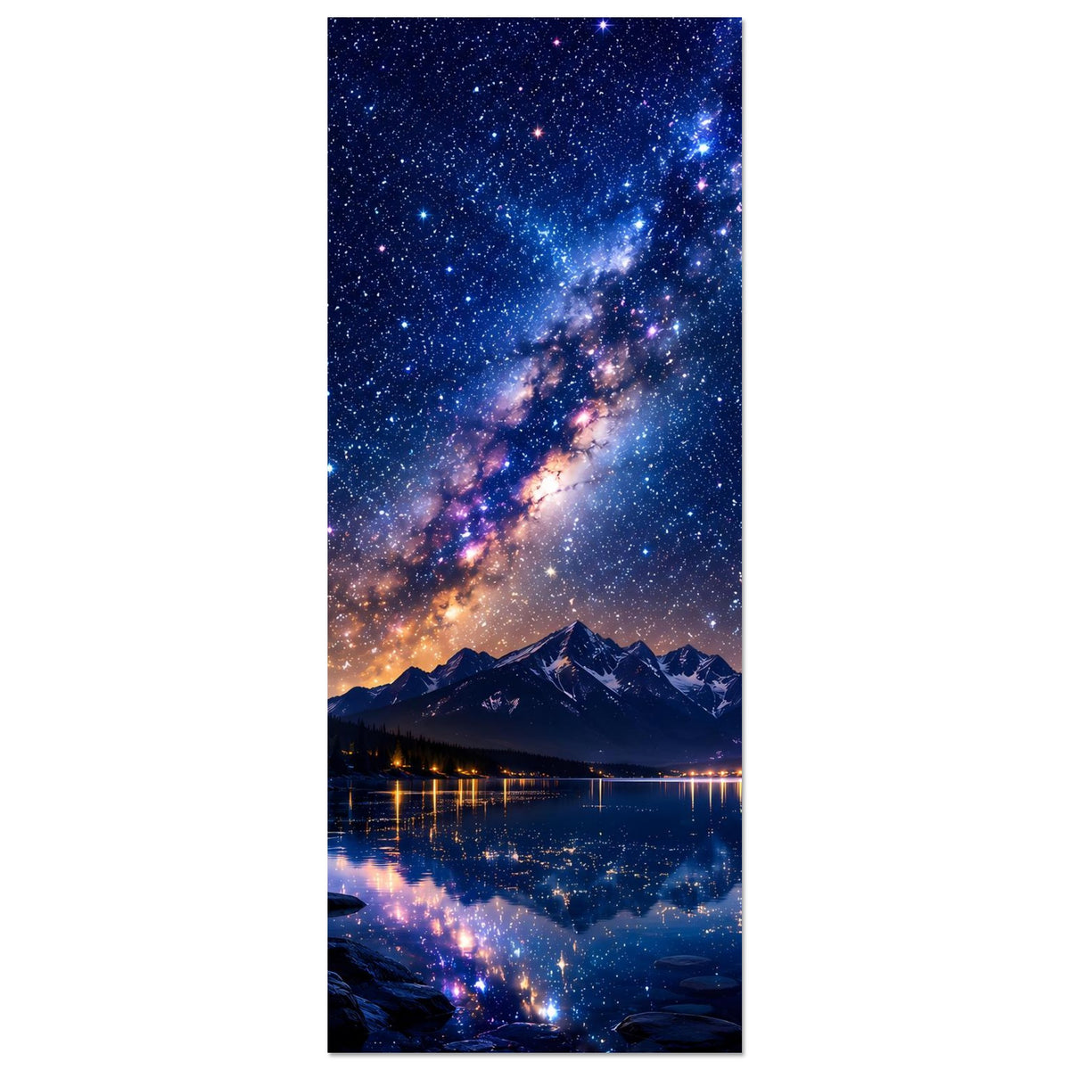 Hochformat-Poster mit Galaxie am Himmel, Berglandschaft und reflektierendem See