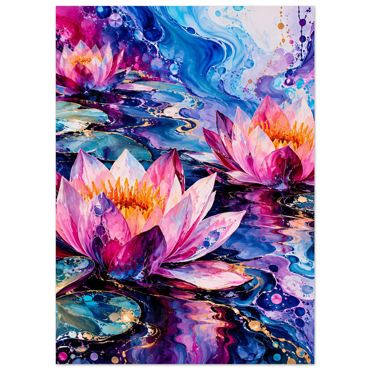 Blumenposter mit abstrakten Seerosen in Pink, Blau und Violett, Blick auf mehrere Blüten