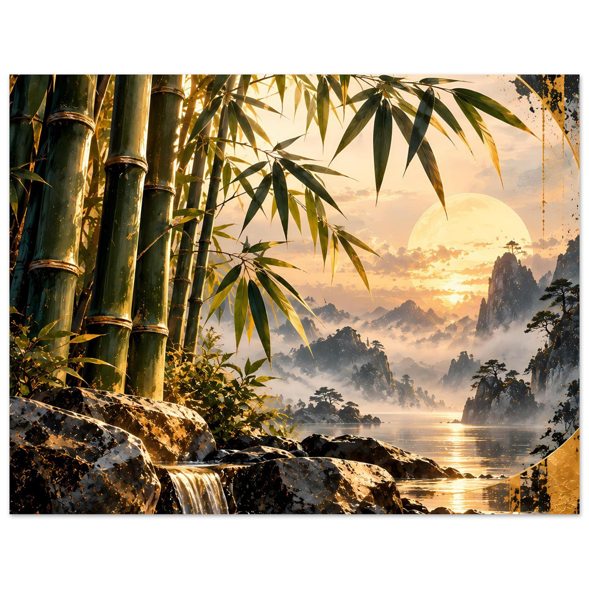 Poster Bambus-Sonnenuntergang: Bambus, Wasserfall und Berge im warmen Abendlicht
