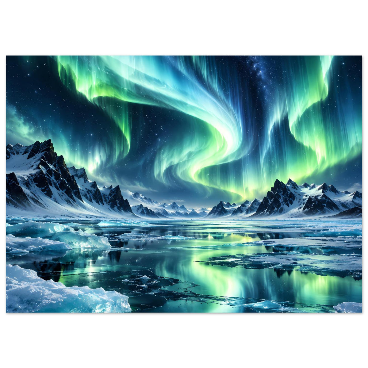 Horizontales Poster mit Nordlichtern, türkis-blaues Leuchten über verschneiten Bergen und Eis