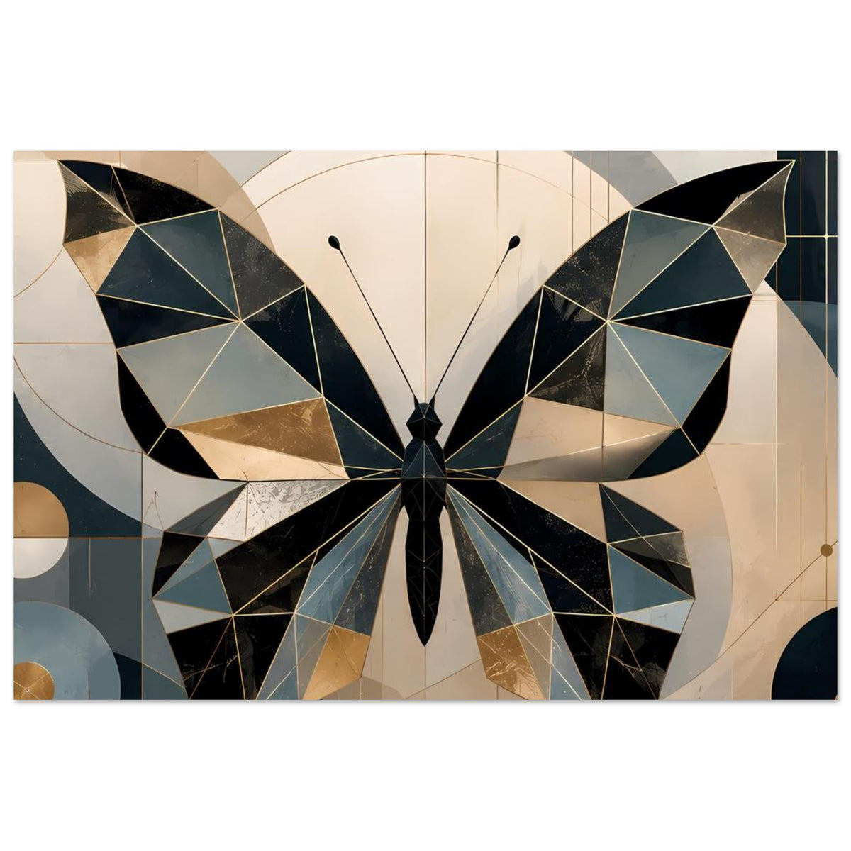 Geometrisches Schmetterlingsposter im Querformat: Schmetterling in Petrol-, Gold- und Schwarzoptik