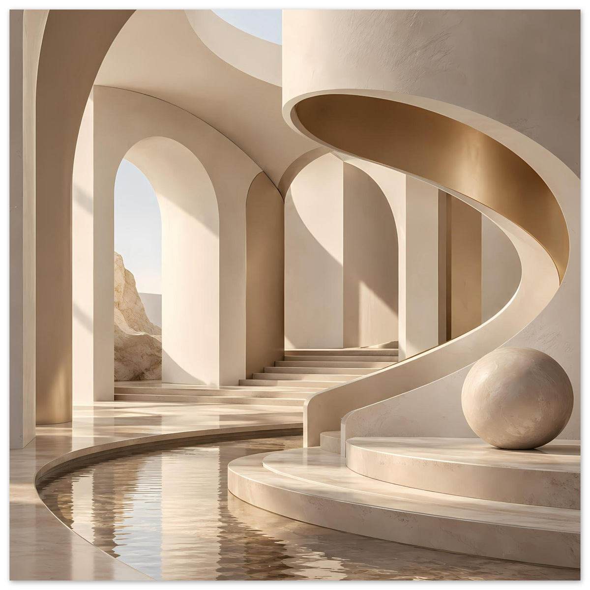 Architekturposter: Marmortreppe, runde Galerie und Becken mit spiegelnder Wasseroberfläche