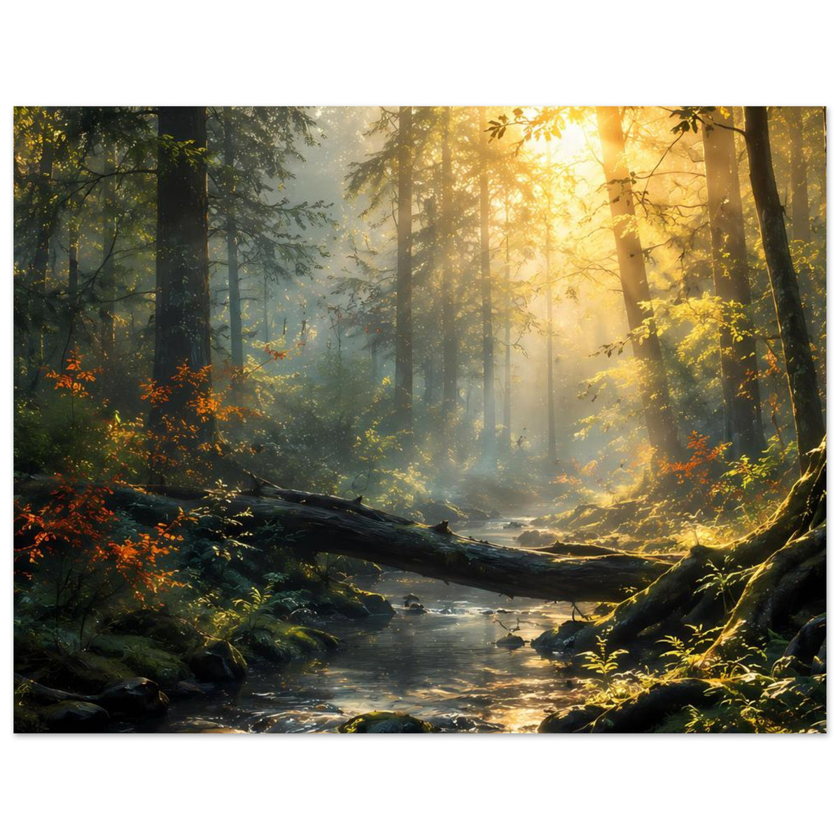 Poster im Querformat: Waldfluss im Licht, Steine, Moos und Baumstämme im Nebel
