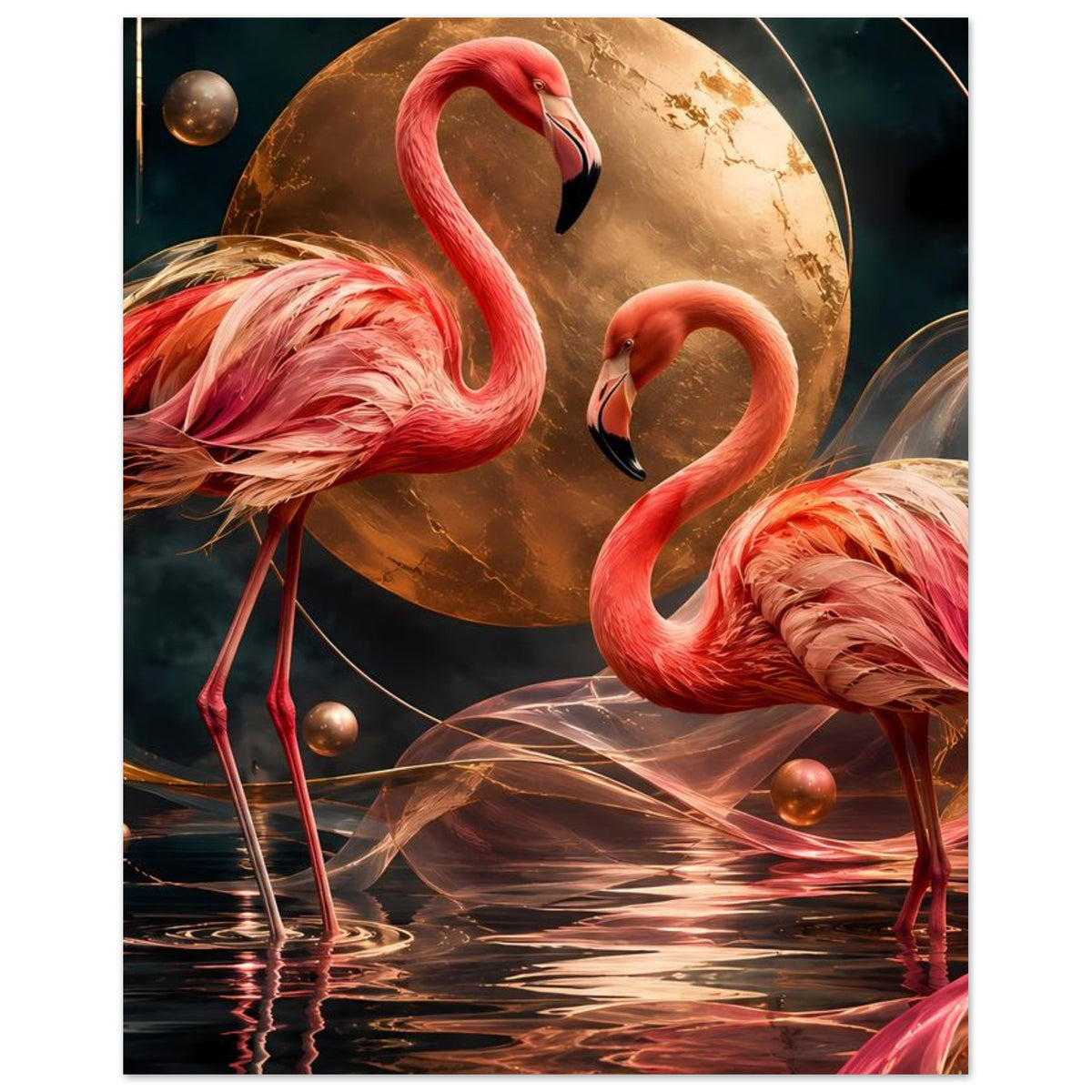Kunstposter mit zwei rosa Flamingos, goldene Mondkugel, Spiegelung im dunklen Wasser