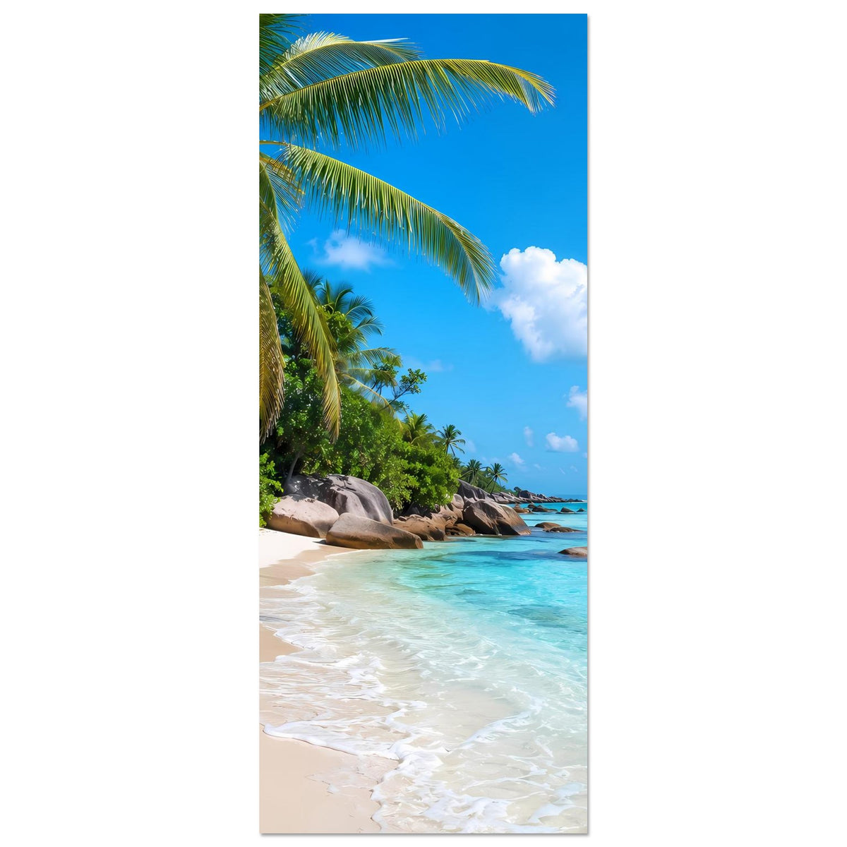 Vertikales Strandposter mit Palmen, blauem Himmel, türkisfarbenem Meer und weißem Sand