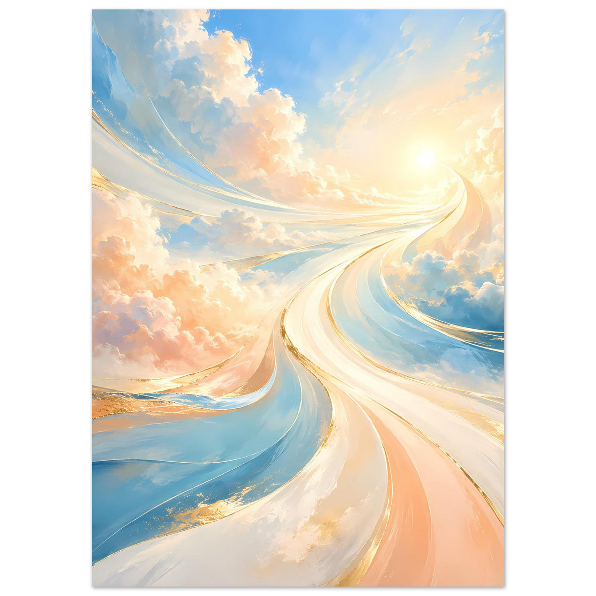 Fantasie-Poster mit spiralförmigen Lichtstreifen und zarten Pastellwolken