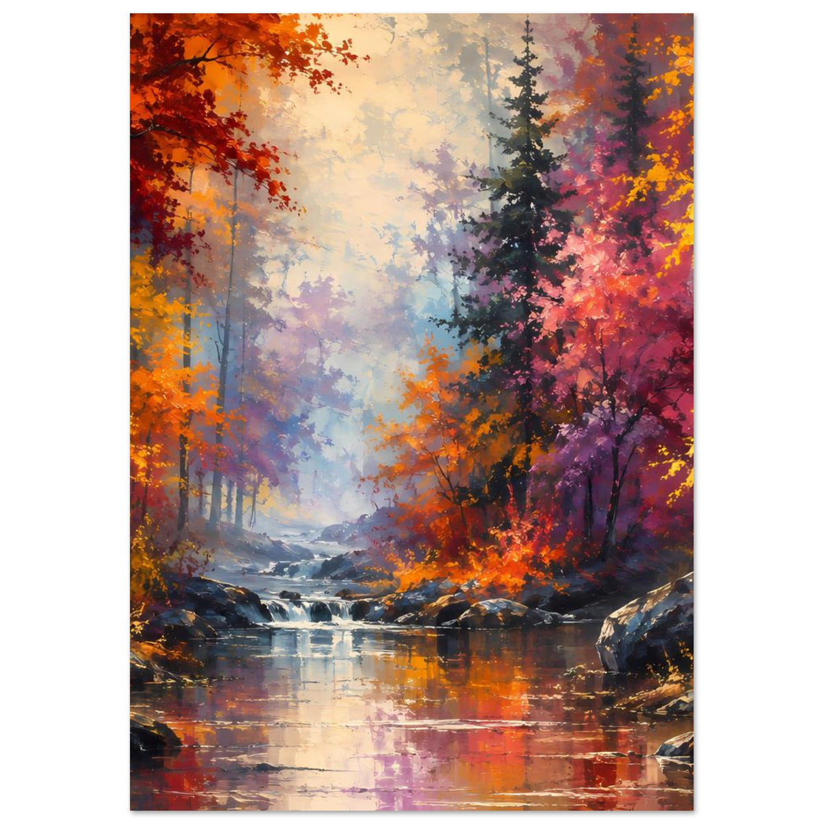 Hochformatiges Poster mit Herbstwaldkulisse, Fluss mit Wasserfall und leuchtenden Baumkronen
