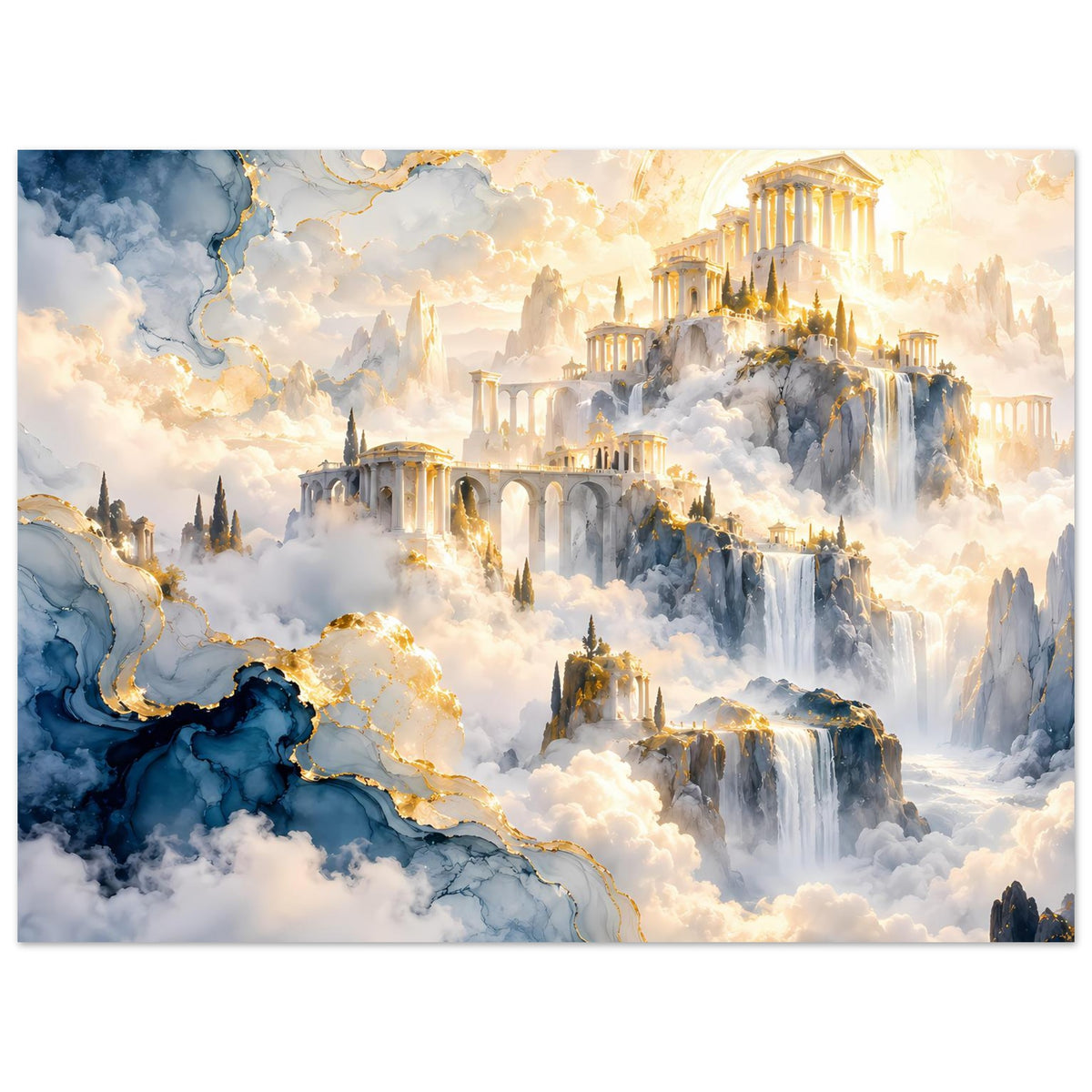 Poster mit Tempelruinen in den Wolken, goldene Details, blaue Berge und Wasserfall-Streams