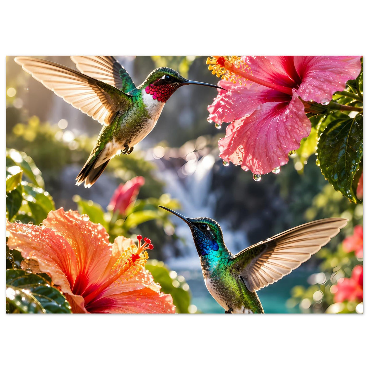 Poster im Querformat: Kolibris auf Hibiskusblüten in Pink und Orange, mit Bildrahmen