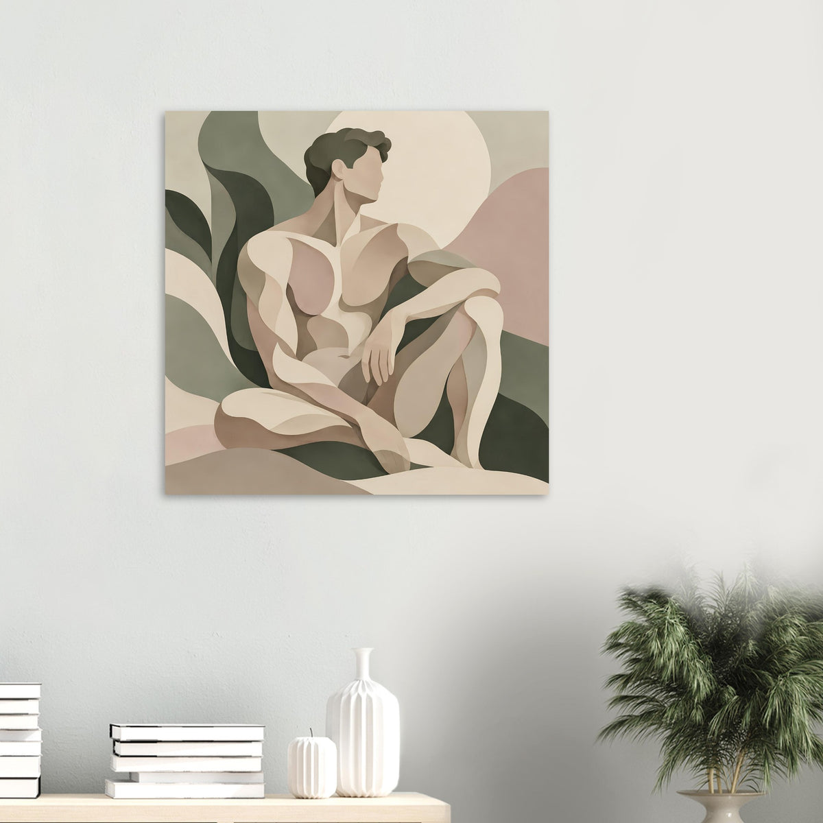 Gerahmtes Kunstposter mit abstrakter sitzender Figur in cremefarbenen und olivgrünen Flächen