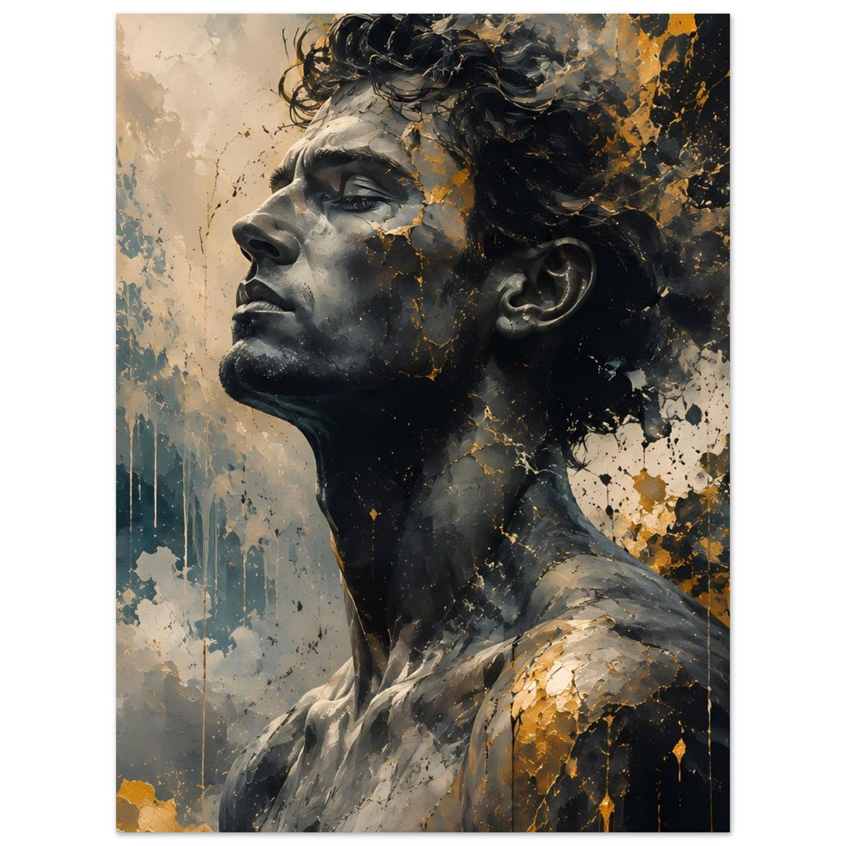 Poster mit seitlichem Männerprofil, goldene Risslinien auf dunklen Flächen
