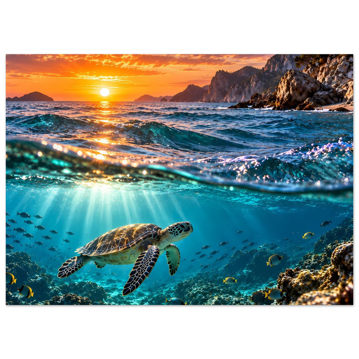 Schildkröte unter Wasser beim Sonnenuntergang, Meerestier-Wandposter im Querformat