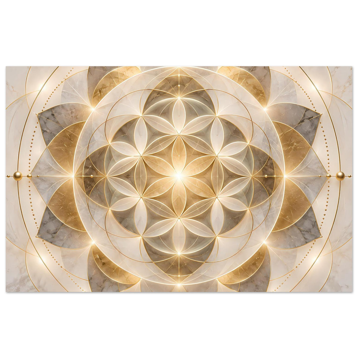 Quadratisches Poster mit goldener Mandala-Blume im Zentrum und eleganten Kreisornamenten