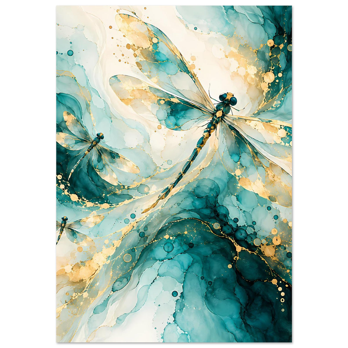 Kunstposter mit abstrakter Libelle im Fokus, Türkis- und Goldtöne, Flügeldetails