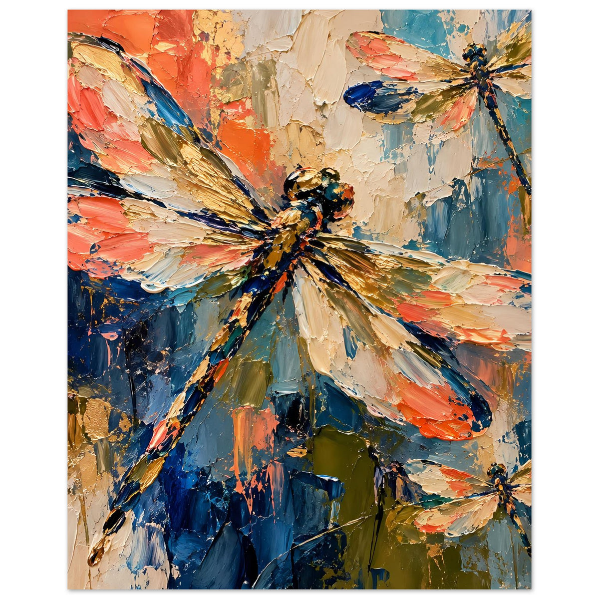 Hochformat-Poster mit abstrakter Libelle im Zentrum, Farbtöne in Blau, Orange und Creme