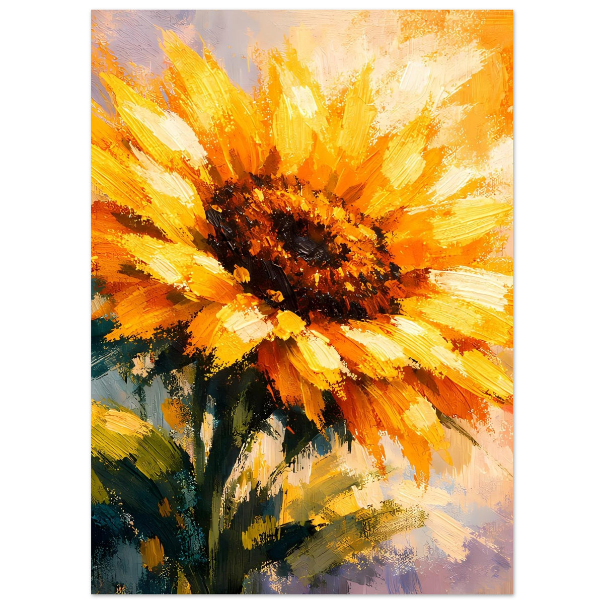 Sonnenblumen-Poster hochkant mit gelben Pinselstrichen, dunklem Blütenkern, gerahmt
