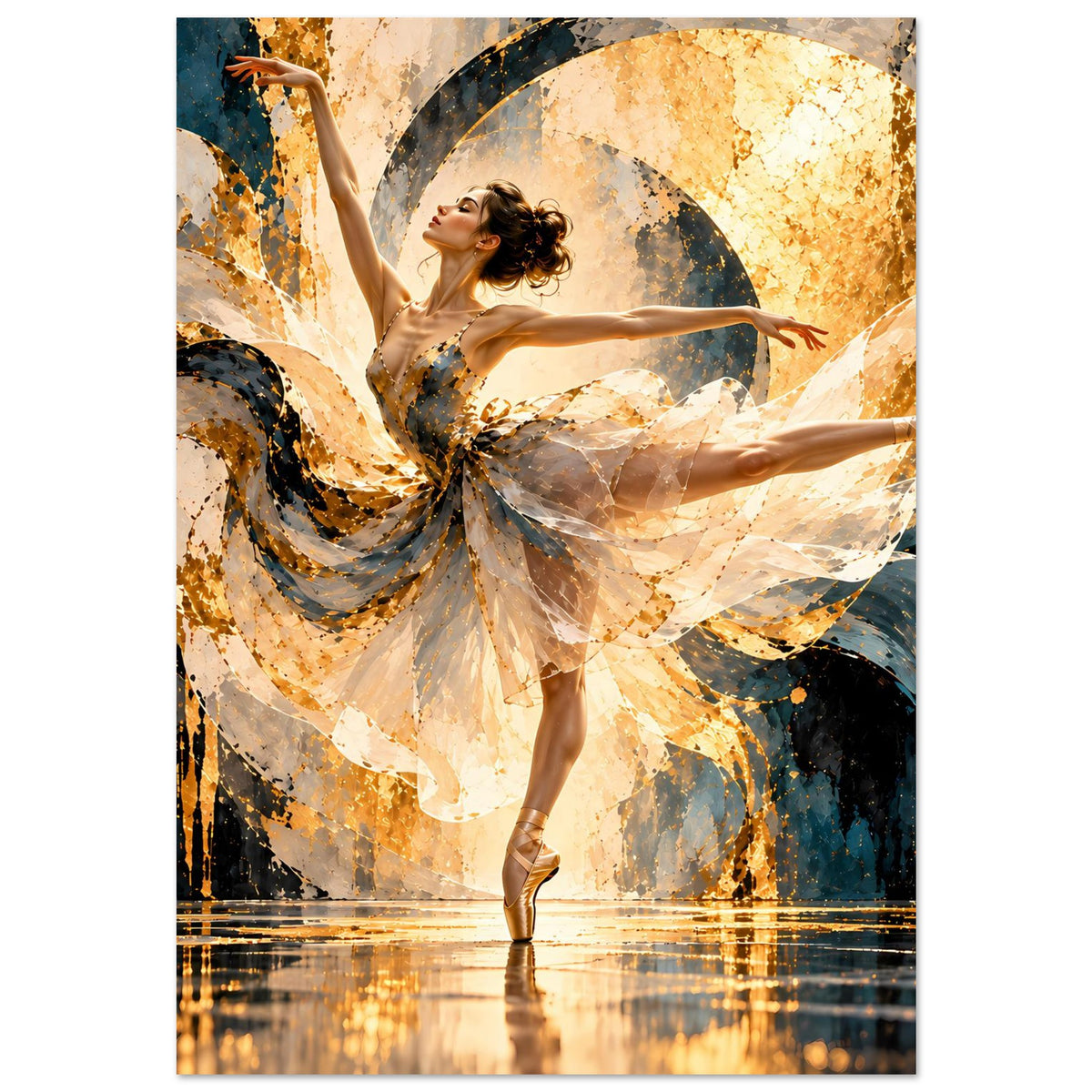 Kunstposter mit Balletttänzerin in schimmerndem Tutu, dynamische Drehpose vor abstraktem Hintergrund