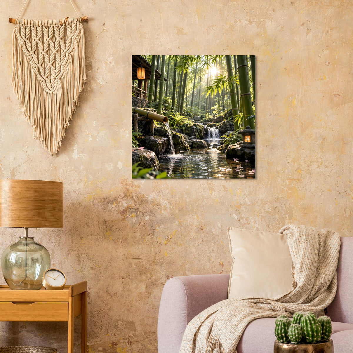 Quadratisches Wandposter: Bambuswald-Wasserfall zwischen Moos und Felsen im Vordergrund