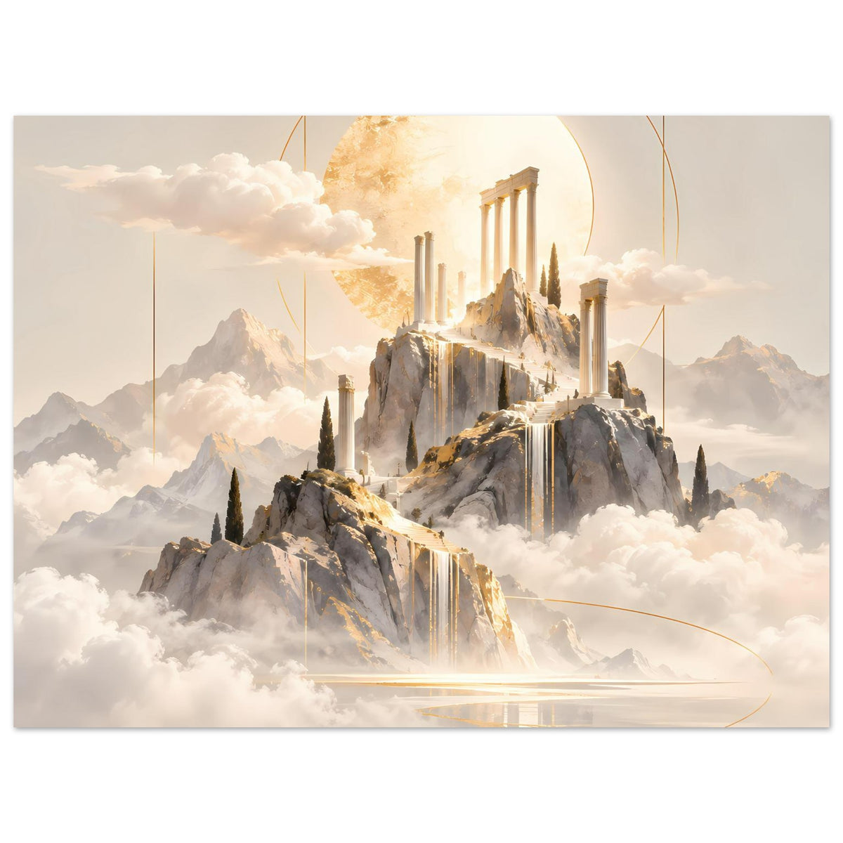 Querformat-Poster mit goldener Architektur auf Berggipfeln, Wolken und weiße Lichtreflexe