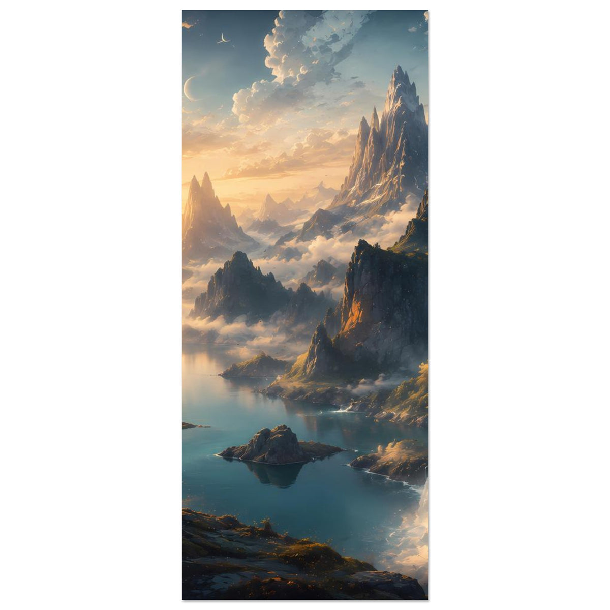 Hochkant-Poster mit Berggipfeln, Wasserfall und See, von warmem Morgenlicht beleuchtet.