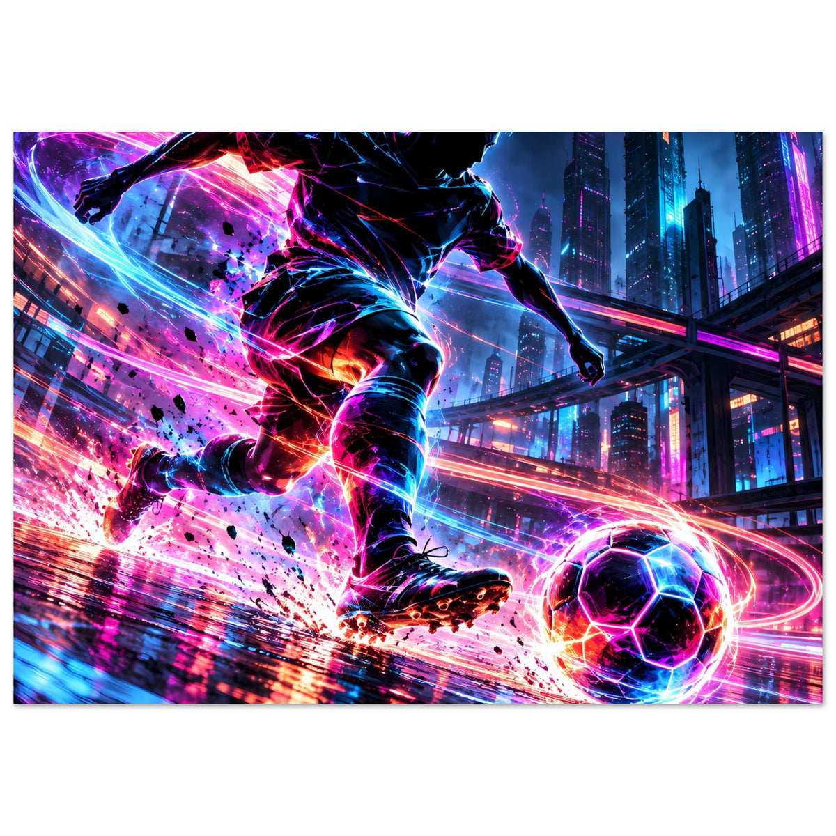 Neon-Soccer-Actionposter im Querformat: Spieler mit Leuchtspur und Fußball, futuristische Stadt