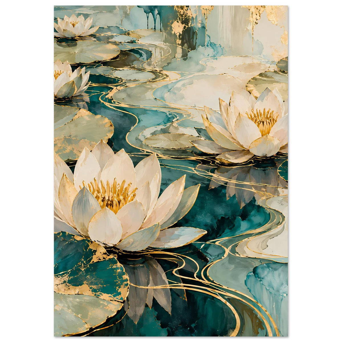 Hochformatiges Lotusblüten-Wandposter: weiße Seerosen, goldene Linien, blaugrüner Hintergrund.