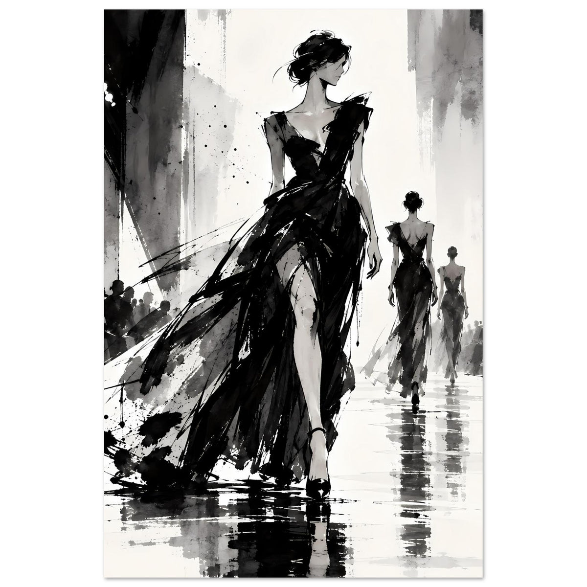 Poster mit Schwarz-Weiß-Fashion-Illustration: Frau in dunklem Kleid, nach hinten verlaufende Figuren