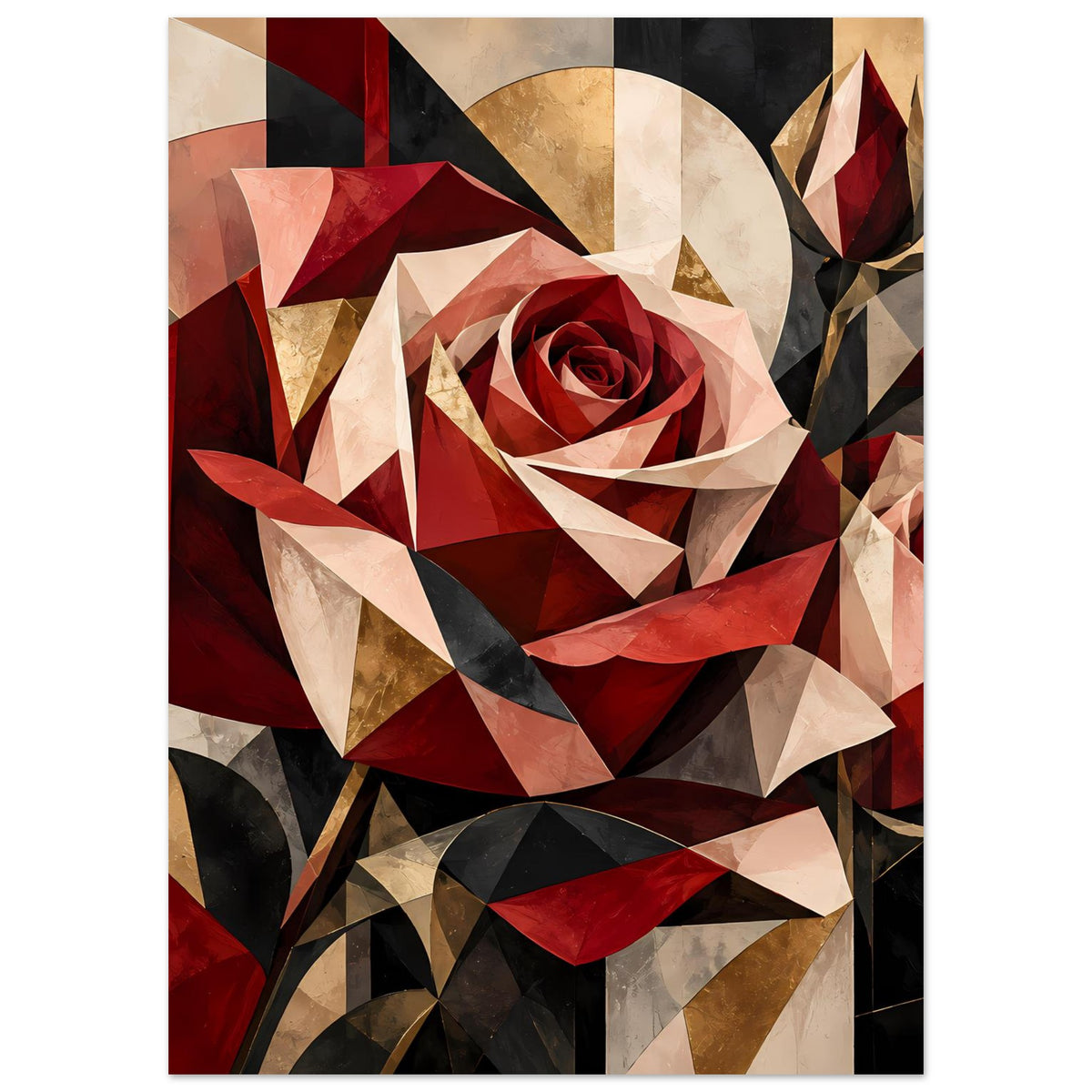 Blumenposter mit geometrischer Rose in Rot und Gold, große geschwungene Formelemente