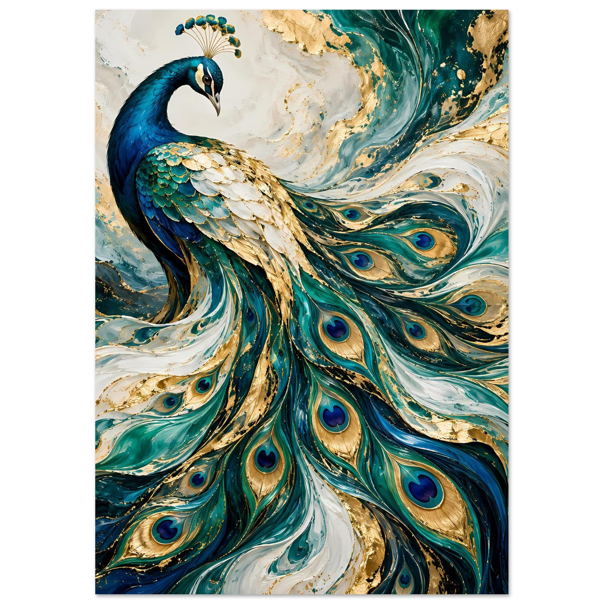 Pfau-Kunstposter, vertikale Darstellung: blauer Pfau mit langen Federwirbeln in Petrol und Gold