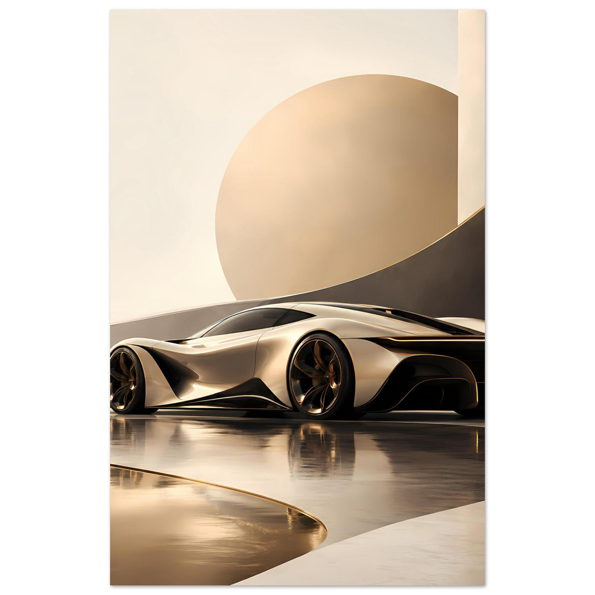 Poster: Schwarzer Supersportwagen mit goldenen Details, seitliche Frontansicht