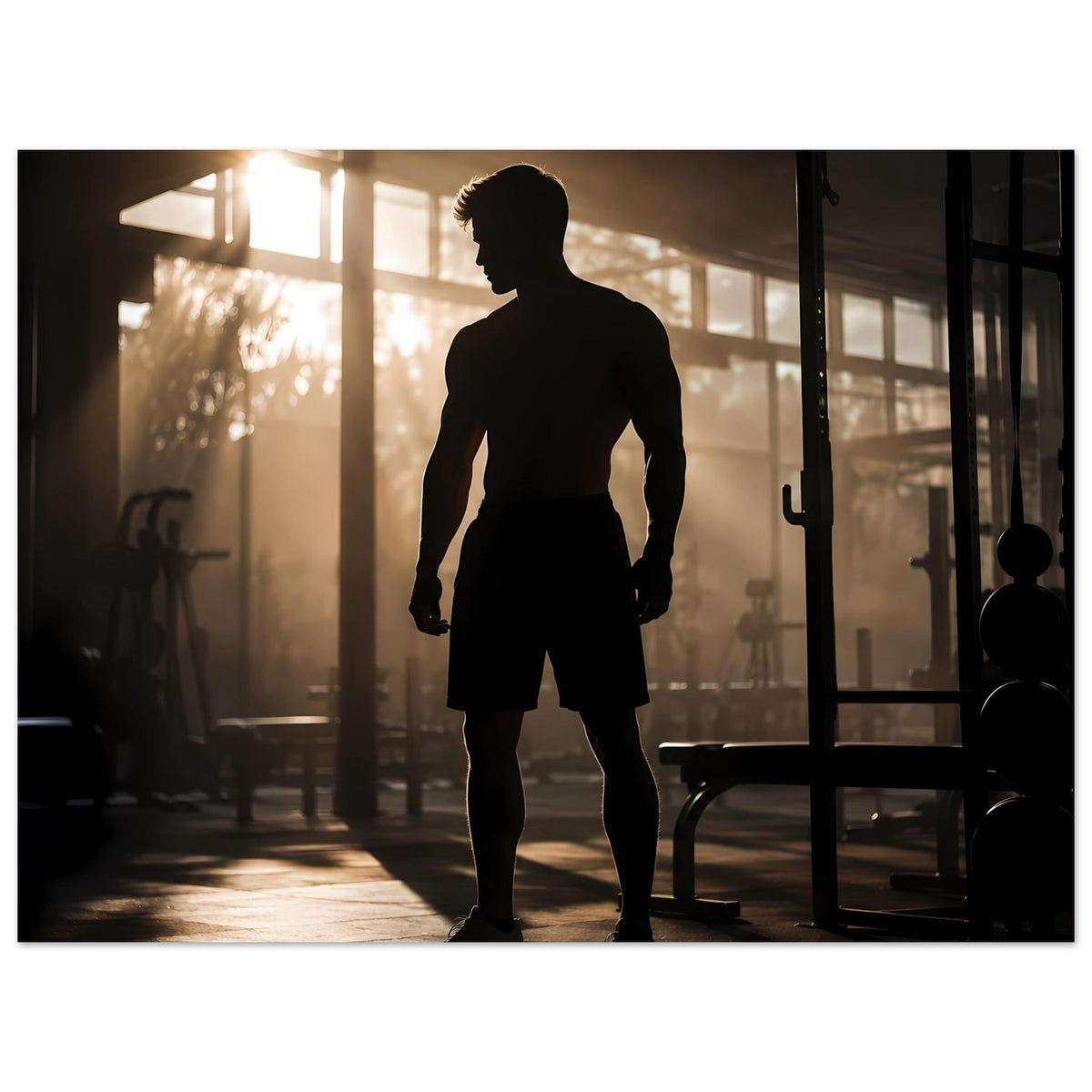 Fitness-Poster: schwarze Sportler-Silhouette, Ganzkörper in Shorts und Shirt