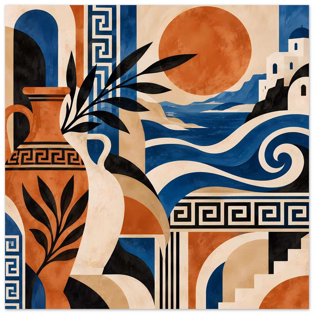 Mediterranes Kunstposter mit Frau in Profil, Palmenzweig, Wellen und Ornamenten