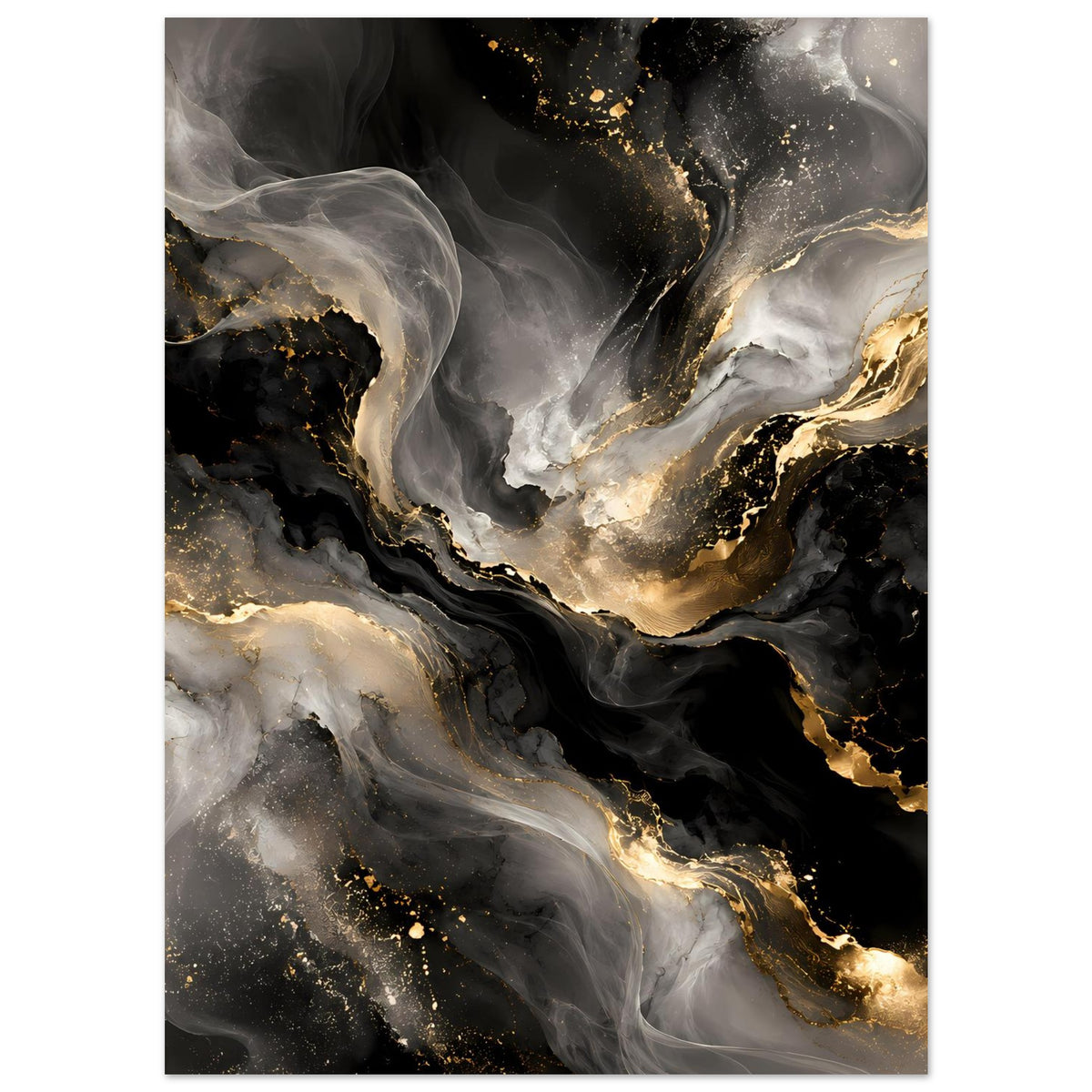 Abstraktes Kunstposter im Hochformat mit goldenen Linien, grauen Nebelflächen und tiefem Schwarz