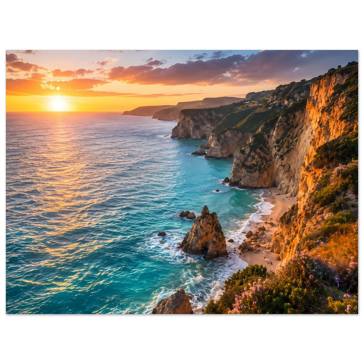 Horizontales Poster mit Sonnenuntergang an der Küste: türkisfarbenes Meer, Klippen und Buchten