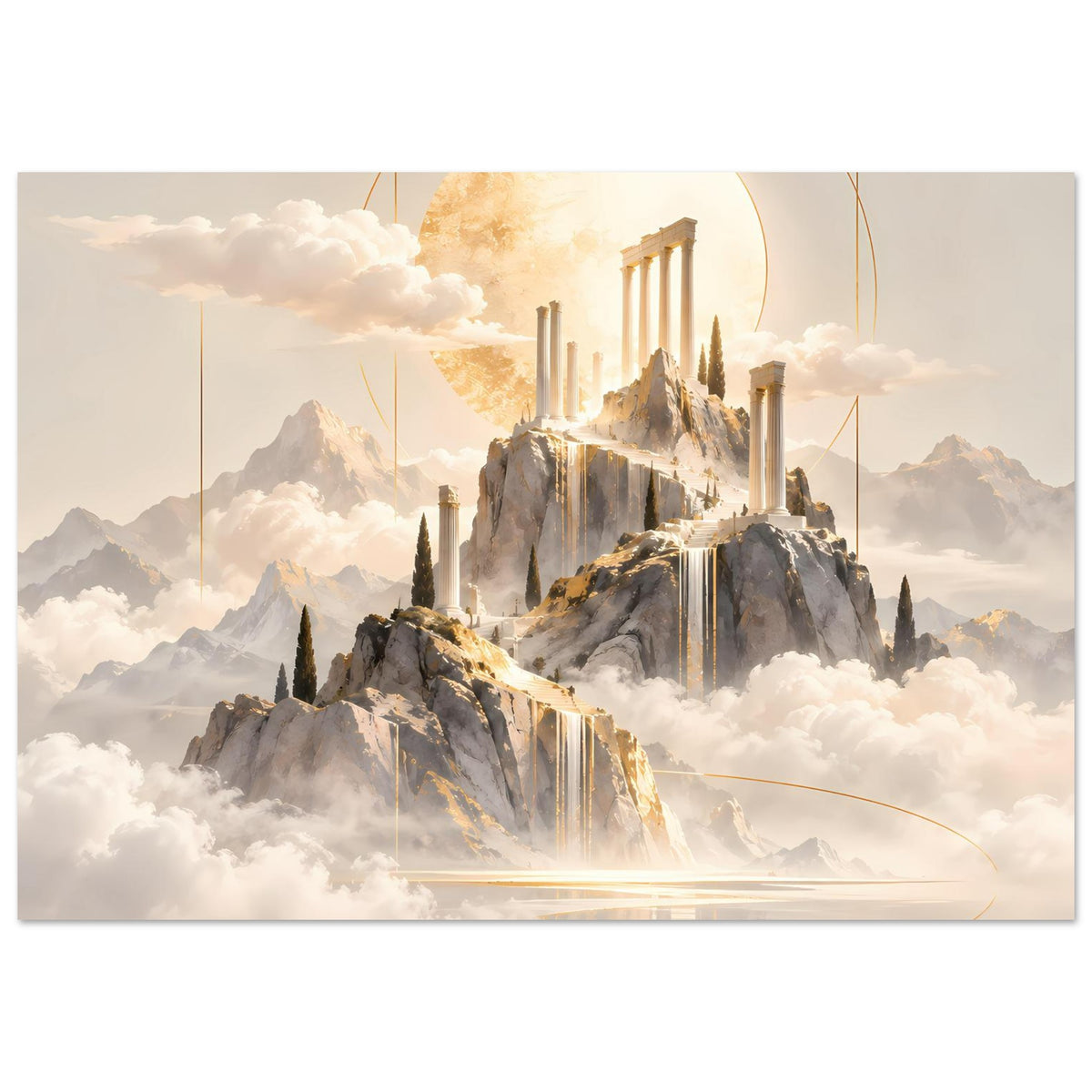 Querformat-Poster: Tempelsäulen auf steinigem Berg, goldenes Licht über Nebel und Wolken