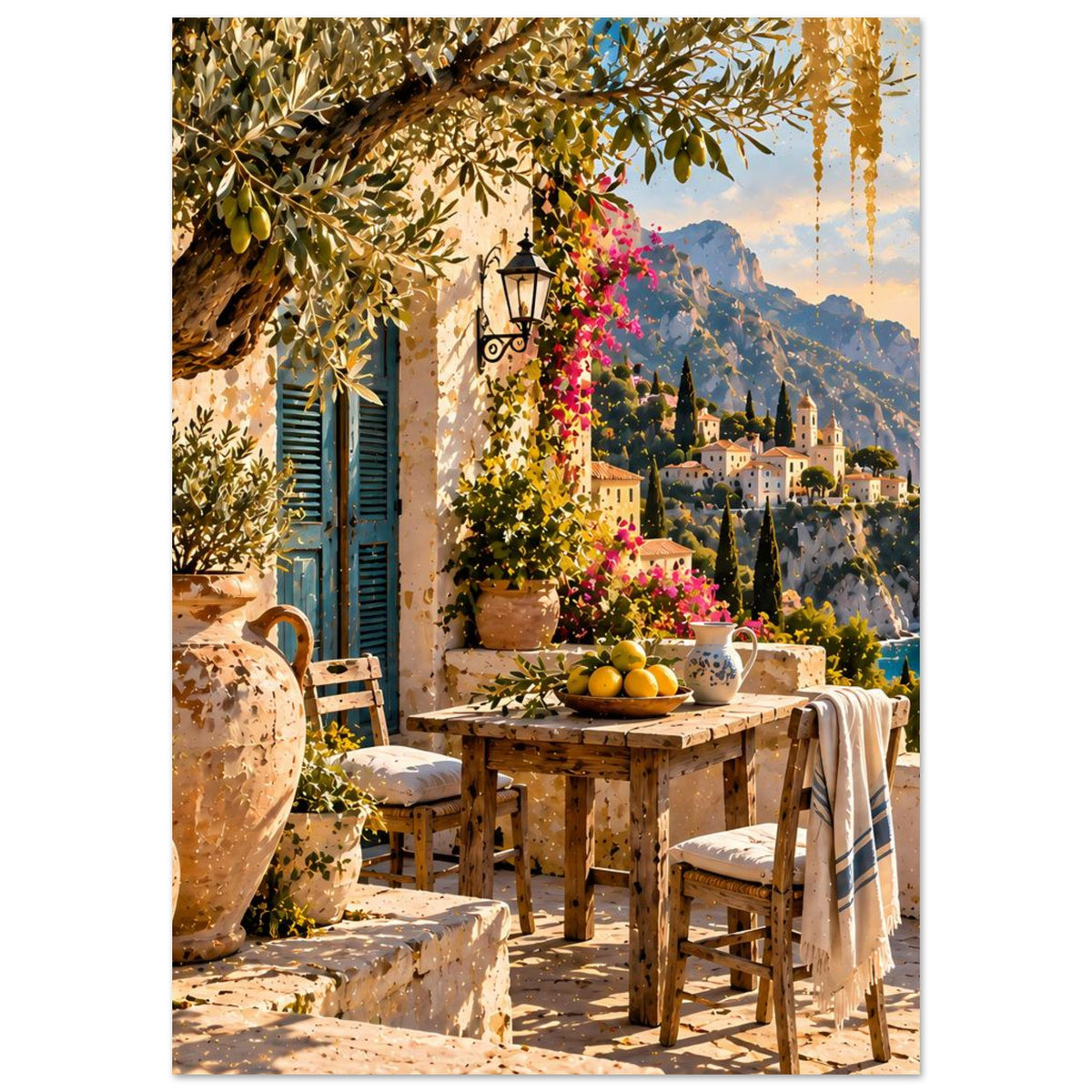 Poster im Hochformat mit mediterraner Terrasse: Esstisch, Stühle, Töpfe, Meer und Landschaft.