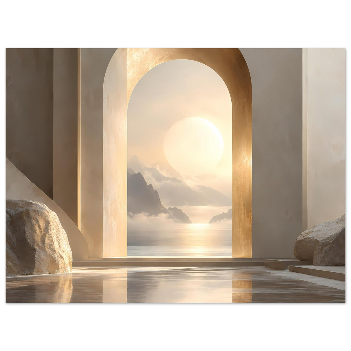 Wandkunst-Poster mit Zen-Bogenöffnung, Sonnenuntergang über See, seitlich Felsen und Lichtreflexen