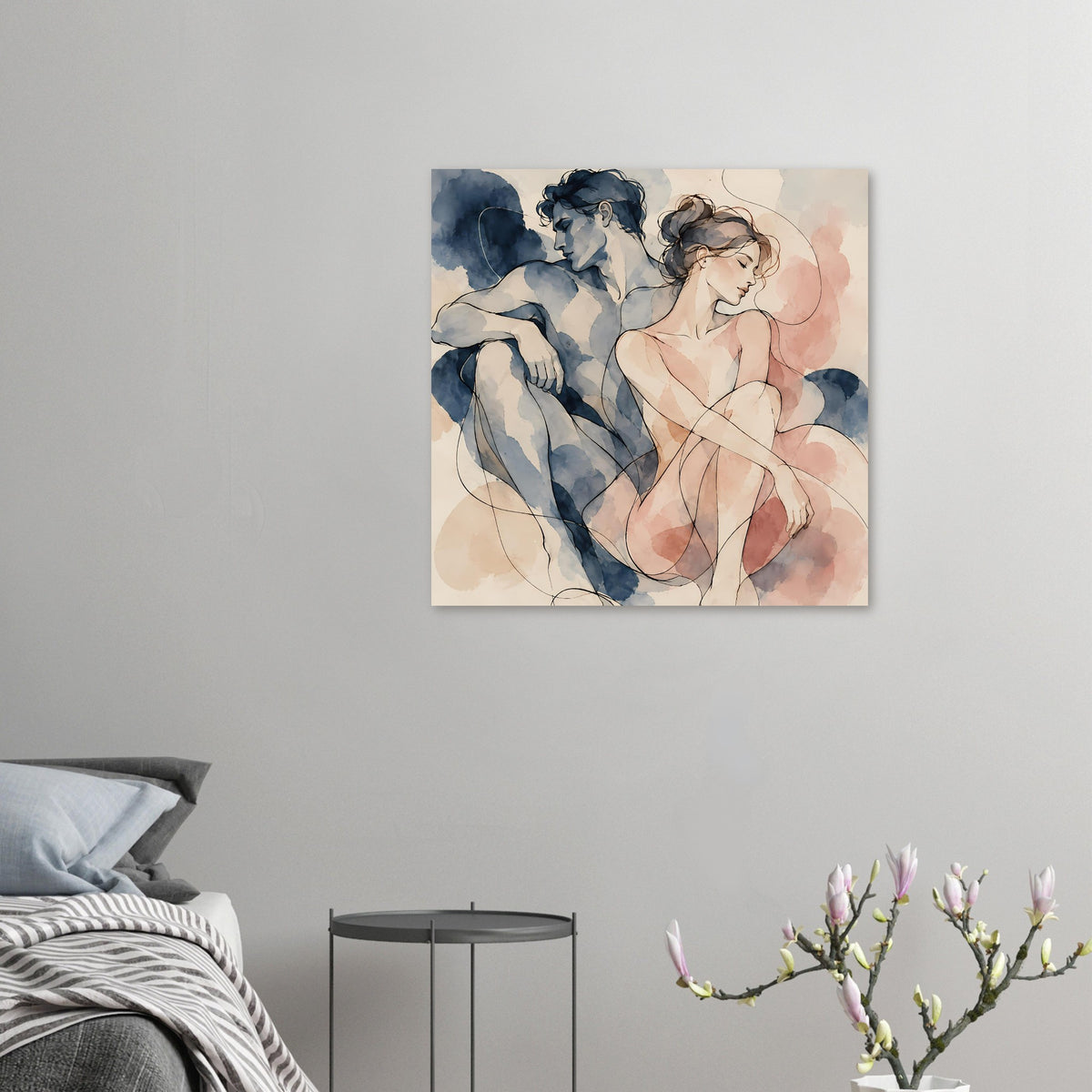 Aquarell-Paarposter im Querformat: Romantische Umarmung in Blau- und Rosatönen