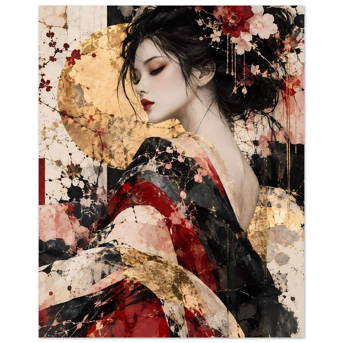 Asiatisches Kunstposter mit Porträt einer Frau in Rot, Rosé und Gold