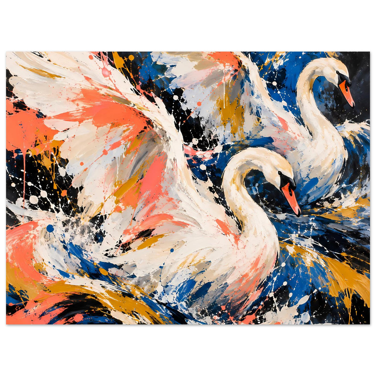Kunstposter Querformat: weißer Schwan mit schwarzem Akzent, abstrakte Spritzer in Blau und Koralle