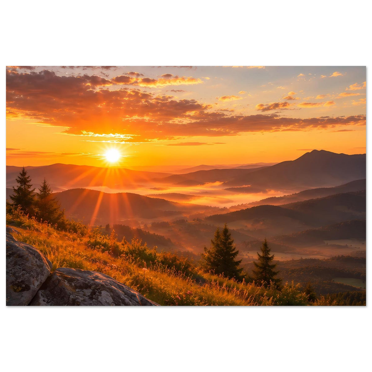 Landschaftsposter Querformat mit Sonnenstrahlen, Berglandschaft und Tannen im Abendlicht