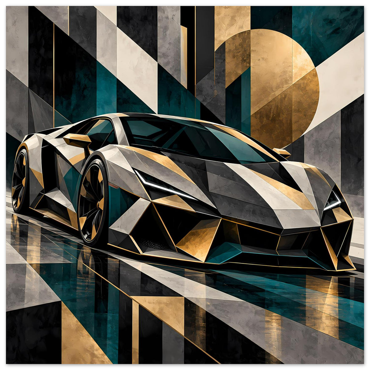 Autoposter mit geometrischem Luxus-Sportwagen in Gold und Petrol, schräg von vorn