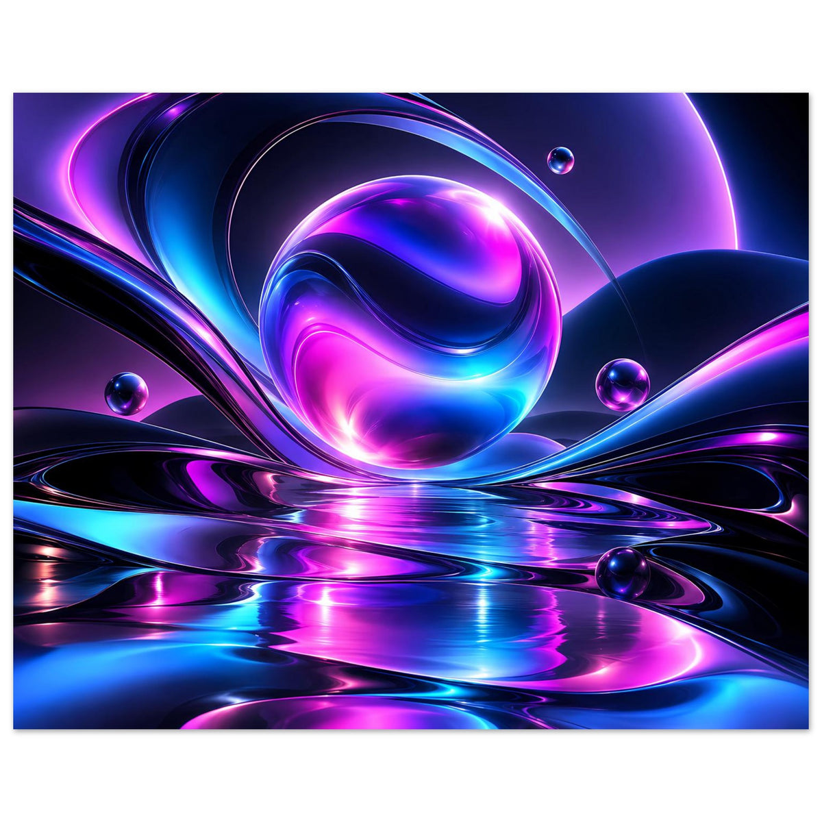 Abstraktes Neonlicht-Poster: leuchtende Kugeln und gewundene Linien, reflektierender Boden in Blau/Violett