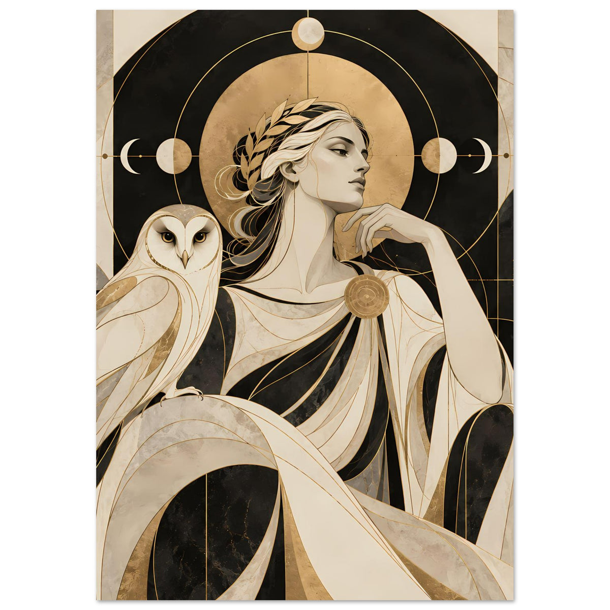 Kunstposter mit Profilfrau und Eule, goldene Kreiselemente und Halbmond-Details im Design