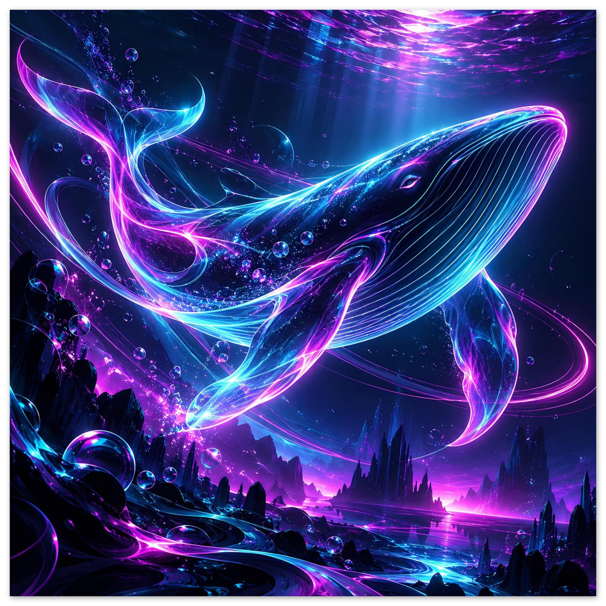 Neonposter mit Wal in Pink und Blau, detailreiche Wellenlinien und Blasen