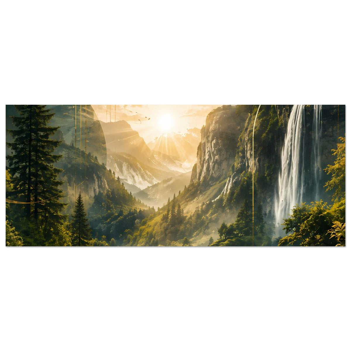Horizontales Landschaftsposter mit Wasserfall und Fluss im Bergtal, warmes goldenes Licht