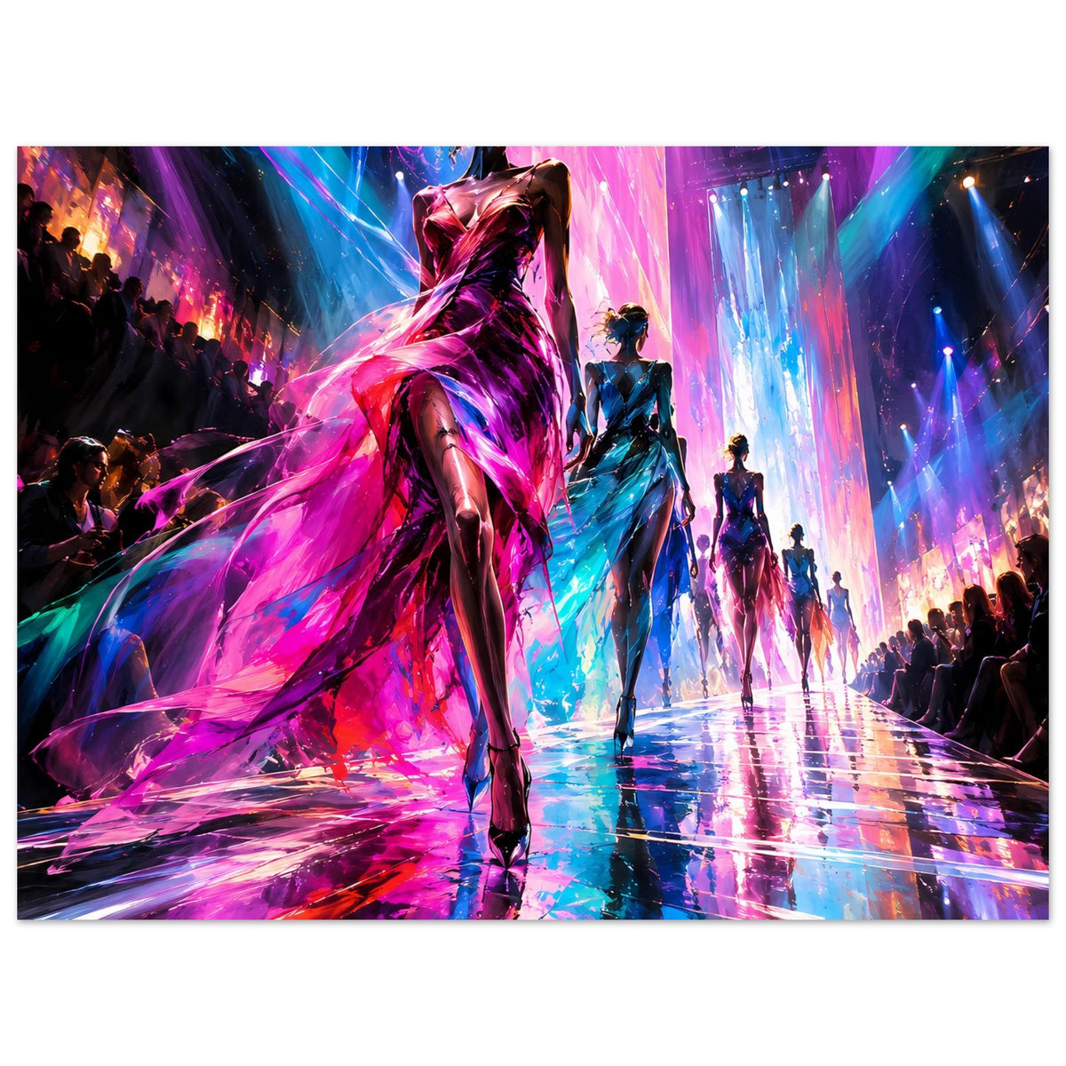 Mode-Runway-Poster im Querformat mit Model im Vordergrund, Neonlicht und Models im Hintergrund